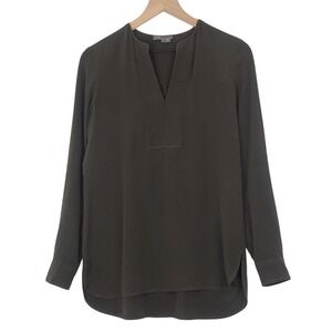 VINCE 100% Silk Tunic Top Women's 4 Brown Long Sleeve Pullover Split Neck Luxury